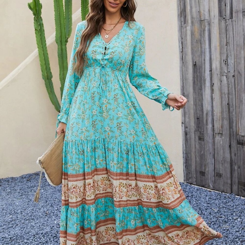 Floral Lace Up Ruffle Hem Dress